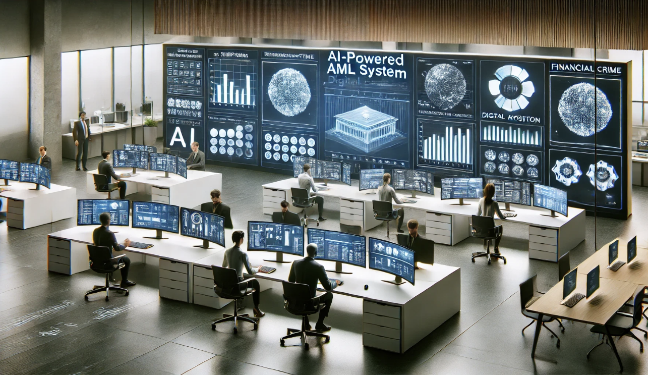 A simplified high-tech war room where professionals monitor AI-powered AML systems to combat financial crime in digital banking.